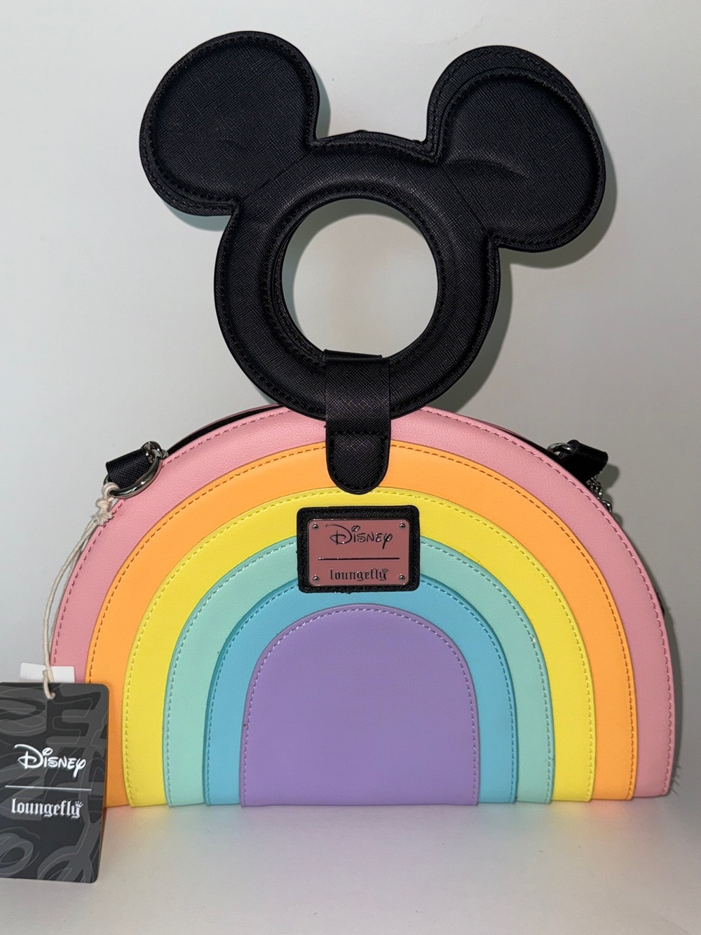 Loungefly Disney Pastel Rainbow Crossbody Bag with Black Mickey Handle